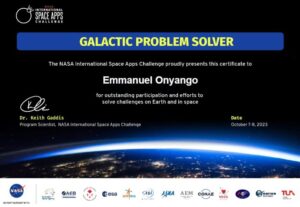 The NASA International Space Apps Challenge awards IUEA's Emmanuel Onyango the Galactic Problem Solver award for his incredible innovation.